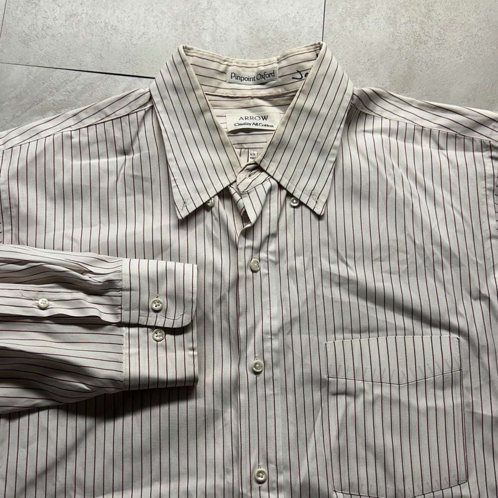 Arrow Pinpoint Oxford Shirt White Burgundy Pinstripe Mens 16.5 32/33 Made in USA